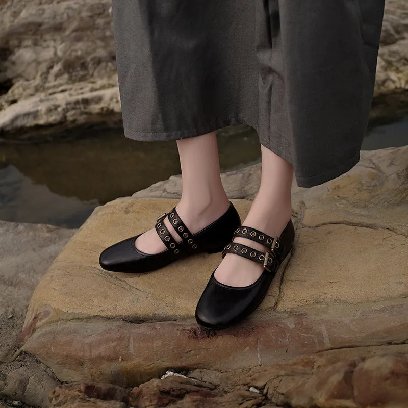 Handmade Leather Mary Jane Flats Double Strappy with Rivet Dress Shoes in Brown/Black