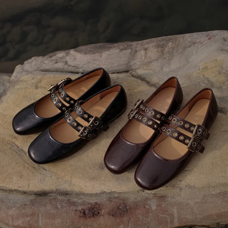 Handmade Leather Mary Jane Flats Double Strappy with Rivet Dress Shoes in Brown/Black