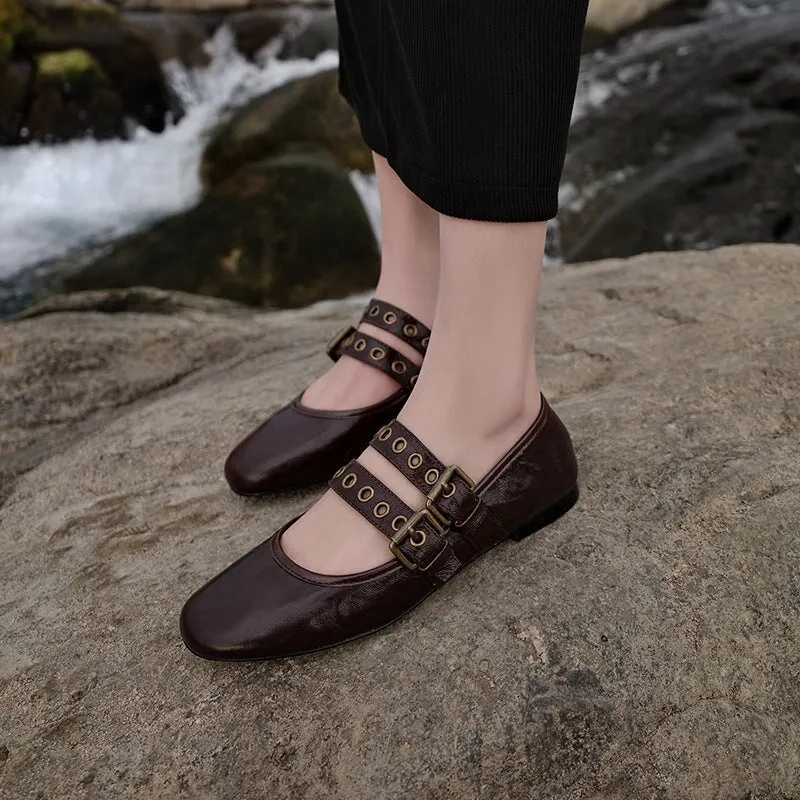 Handmade Leather Mary Jane Flats Double Strappy with Rivet Dress Shoes in Brown/Black