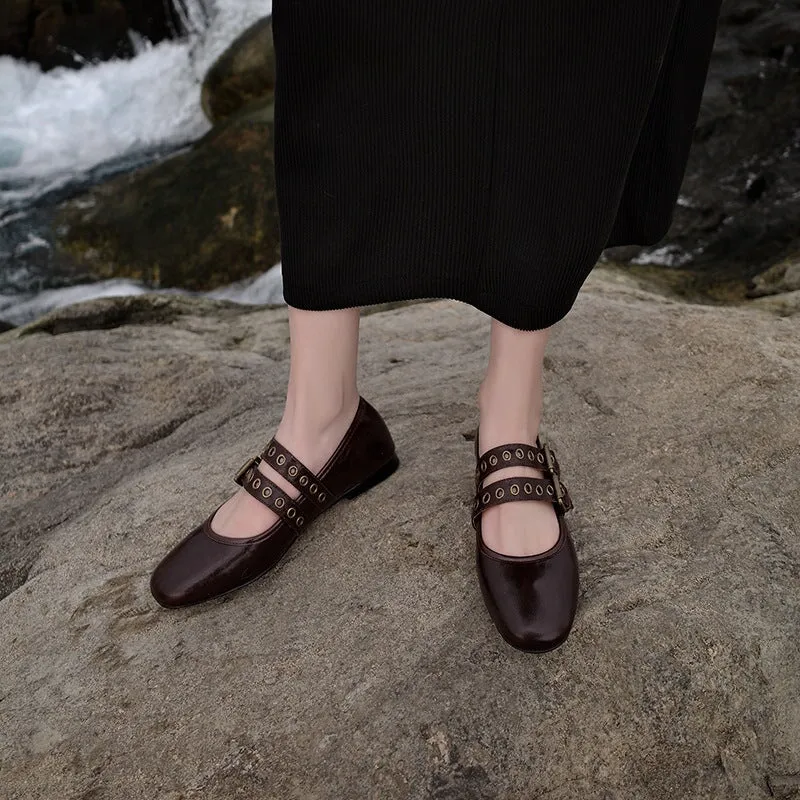 Handmade Leather Mary Jane Flats Double Strappy with Rivet Dress Shoes in Brown/Black