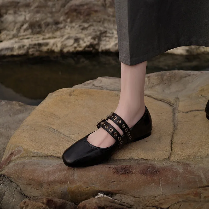 Handmade Leather Mary Jane Flats Double Strappy with Rivet Dress Shoes in Brown/Black