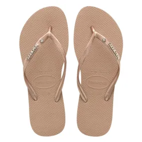 Havaianas Womens Slim Metal Logo & Crystal Flip Flop Sandals - Rose Gold