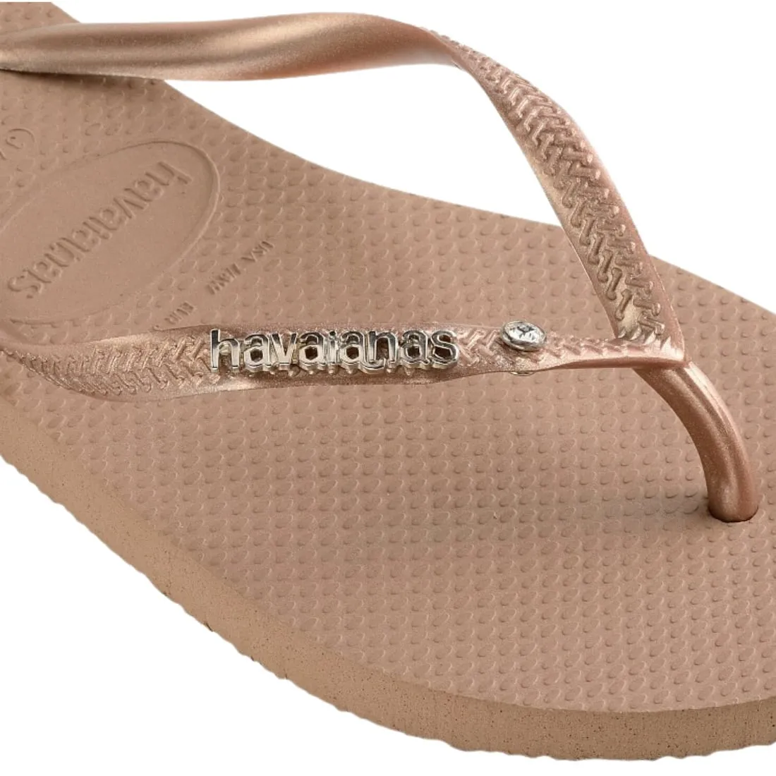 Havaianas Womens Slim Metal Logo & Crystal Flip Flop Sandals - Rose Gold