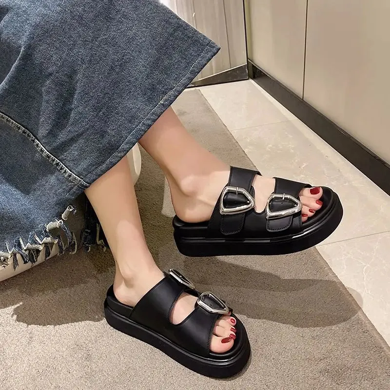 Hnzxzm Slides Rubber Black Women's Slippers and Ladies Sandals Round Toe Height Summer 2024 with Heel Shoes Unique Luxury Normal Casual