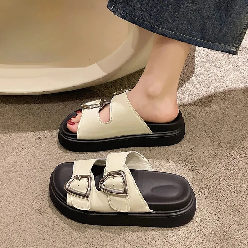 Hnzxzm Slides Rubber Black Women's Slippers and Ladies Sandals Round Toe Height Summer 2024 with Heel Shoes Unique Luxury Normal Casual