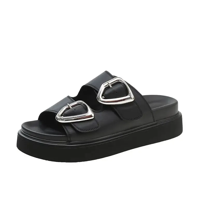 Hnzxzm Slides Rubber Black Women's Slippers and Ladies Sandals Round Toe Height Summer 2024 with Heel Shoes Unique Luxury Normal Casual