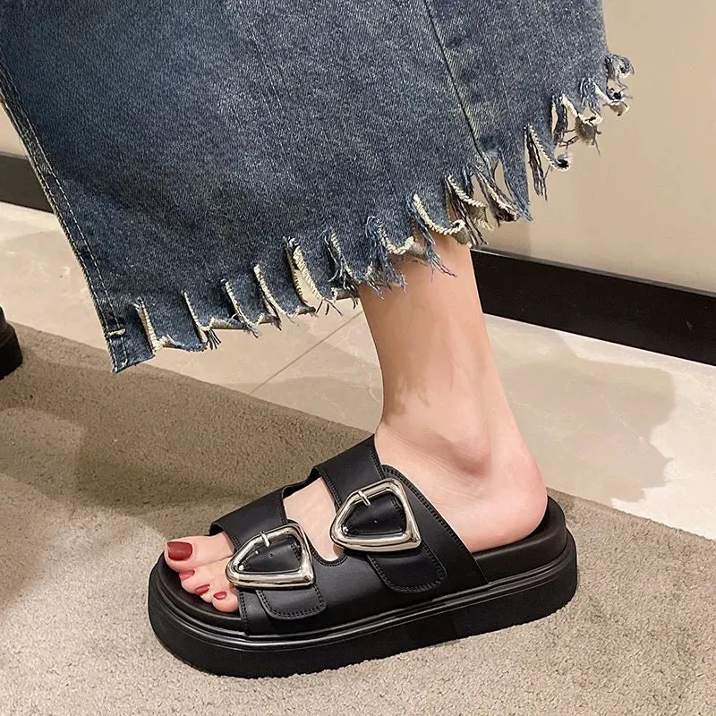 Hnzxzm Slides Rubber Black Women's Slippers and Ladies Sandals Round Toe Height Summer 2024 with Heel Shoes Unique Luxury Normal Casual