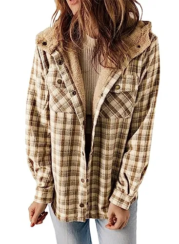 iForgirls Plaid Shacket Jacket Long Sleeve Button Down Fleece Hooded Jackets Warm Coat