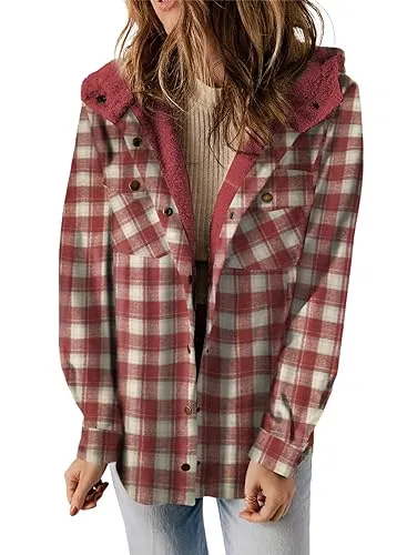 iForgirls Plaid Shacket Jacket Long Sleeve Button Down Fleece Hooded Jackets Warm Coat