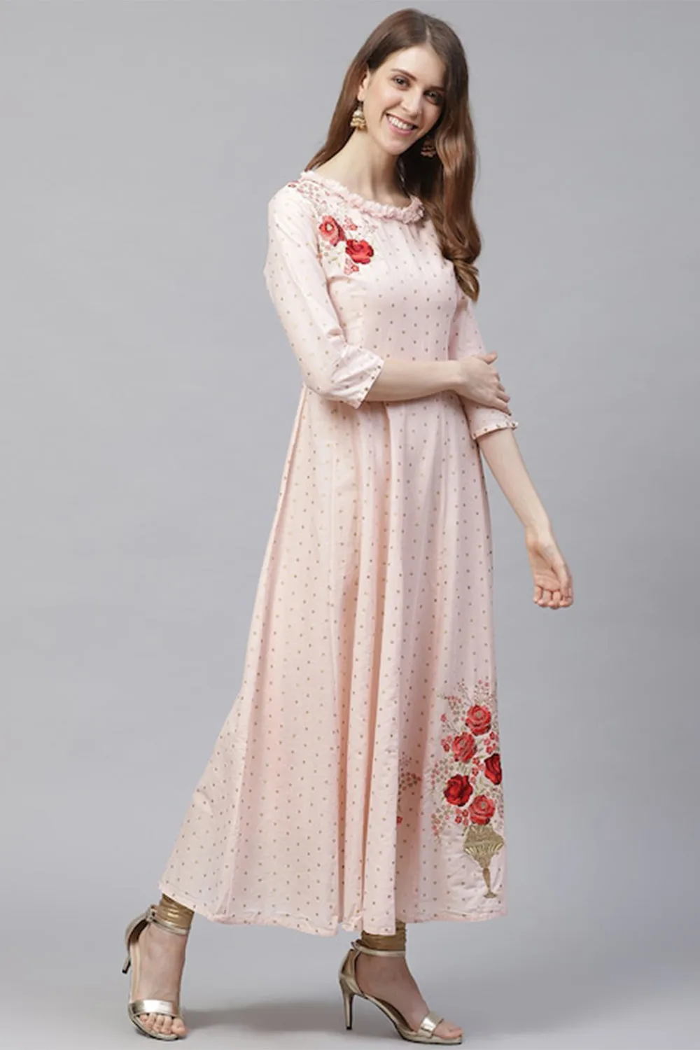 Ishin Women Peach-Coloured Printed Anarkali Kurta