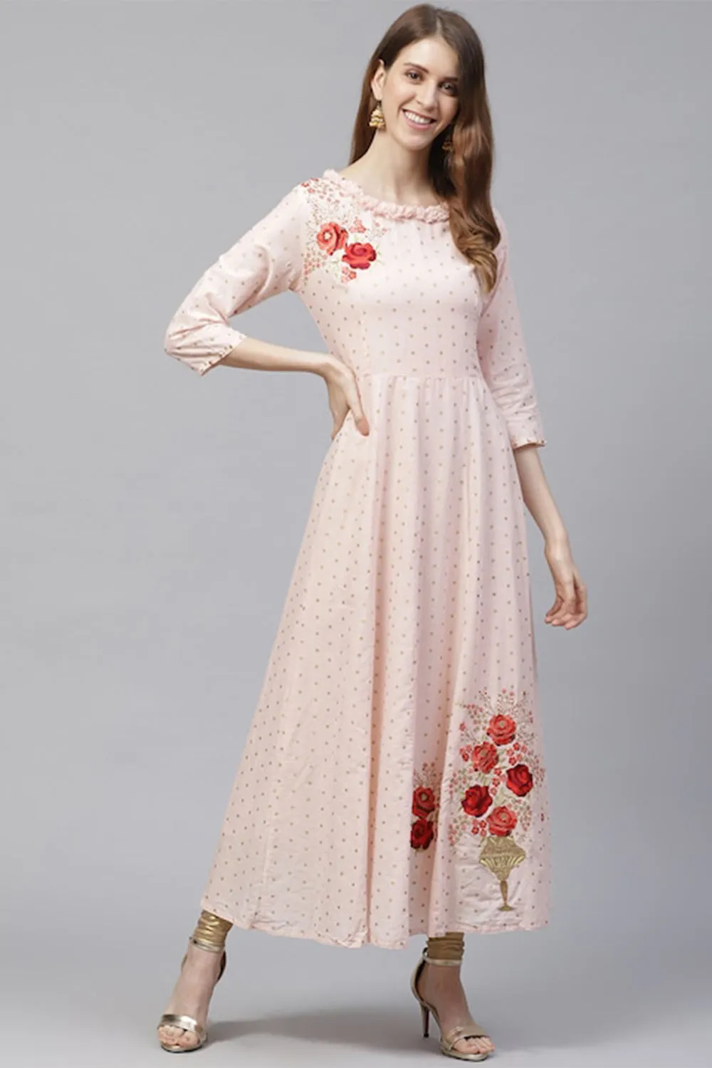 Ishin Women Peach-Coloured Printed Anarkali Kurta