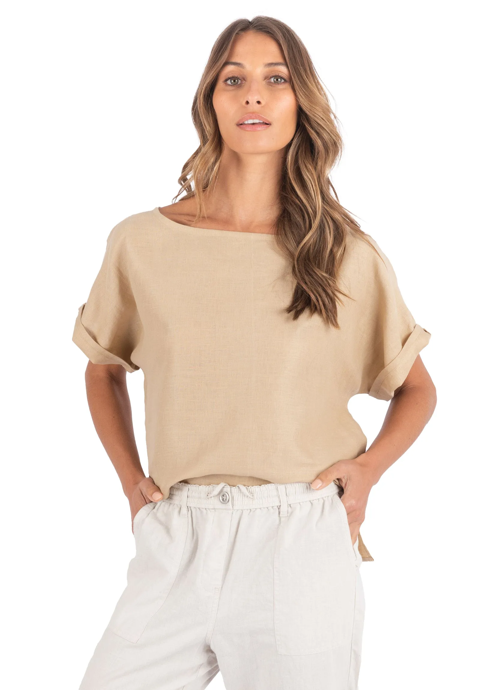 Kaori Caffe Latte Kimono Sleeve Linen Top