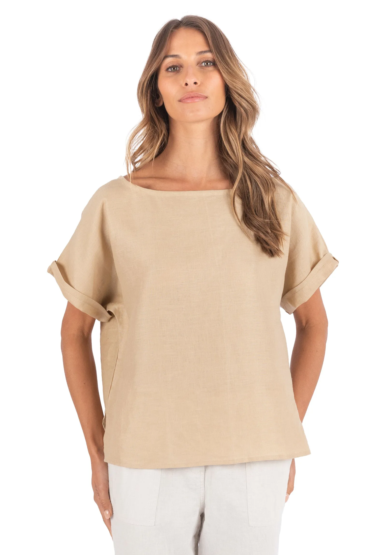 Kaori Caffe Latte Kimono Sleeve Linen Top