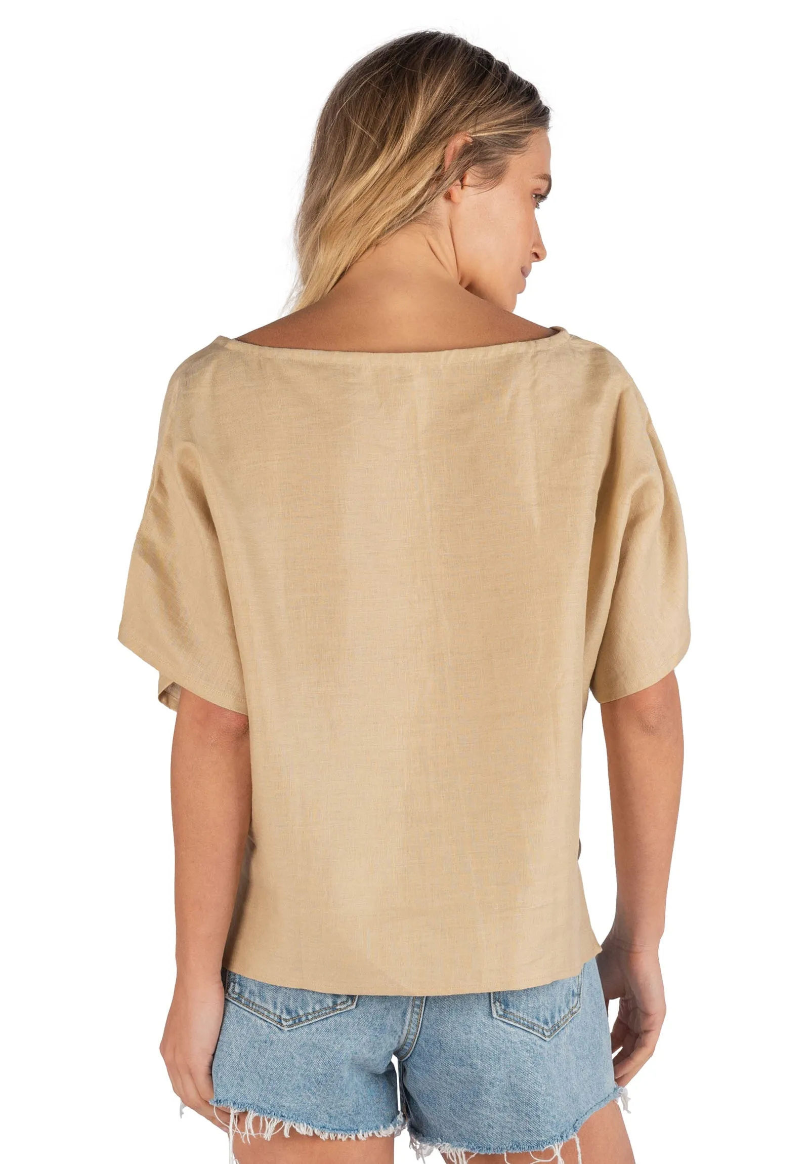 Kaori Caffe Latte Kimono Sleeve Linen Top