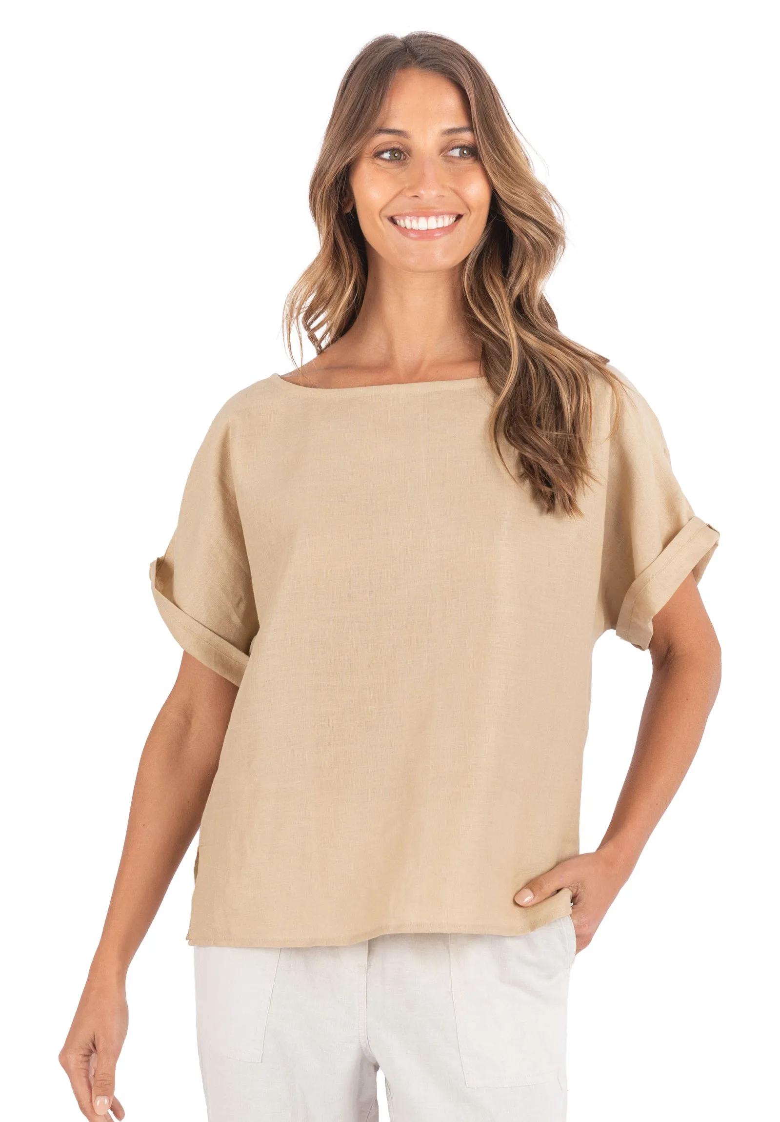 Kaori Caffe Latte Kimono Sleeve Linen Top