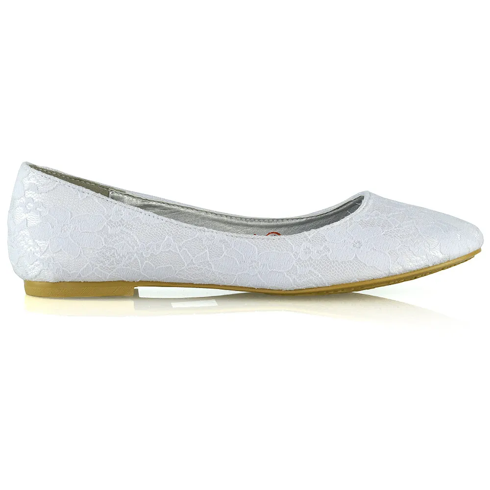 Keva Round Toe Lace Detail Slip on Wedding Flats Ballerina Bridal Pumps In White Satin