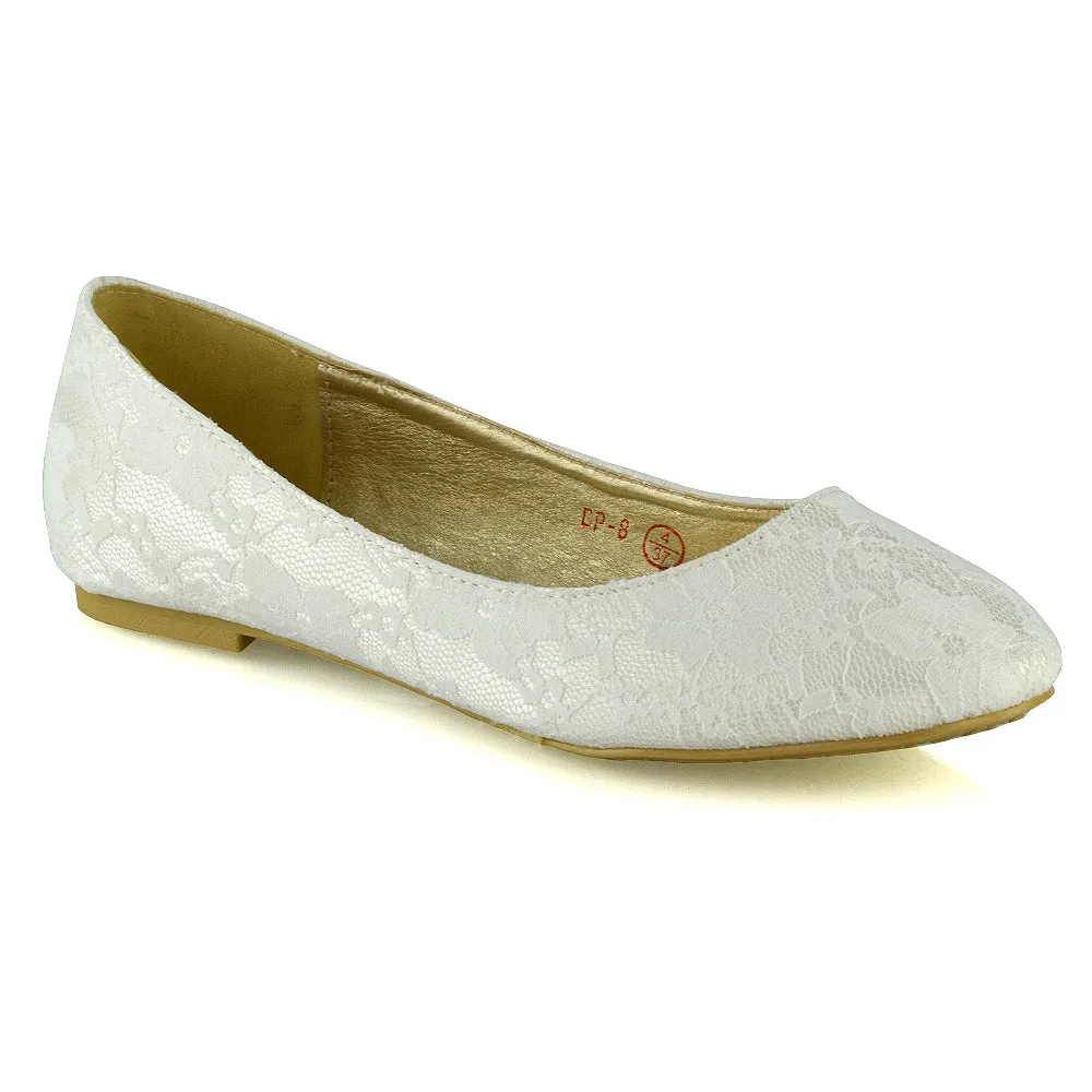 Keva Round Toe Lace Detail Slip on Wedding Flats Ballerina Bridal Pumps In White Satin