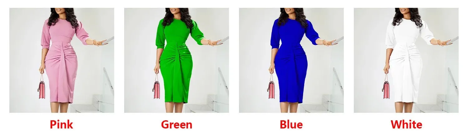 Latest Design Fashion Dress Three Quarter Ruched Wrapped Hip Ladies Office Dresses Women Lady Elegant Pencil Dress