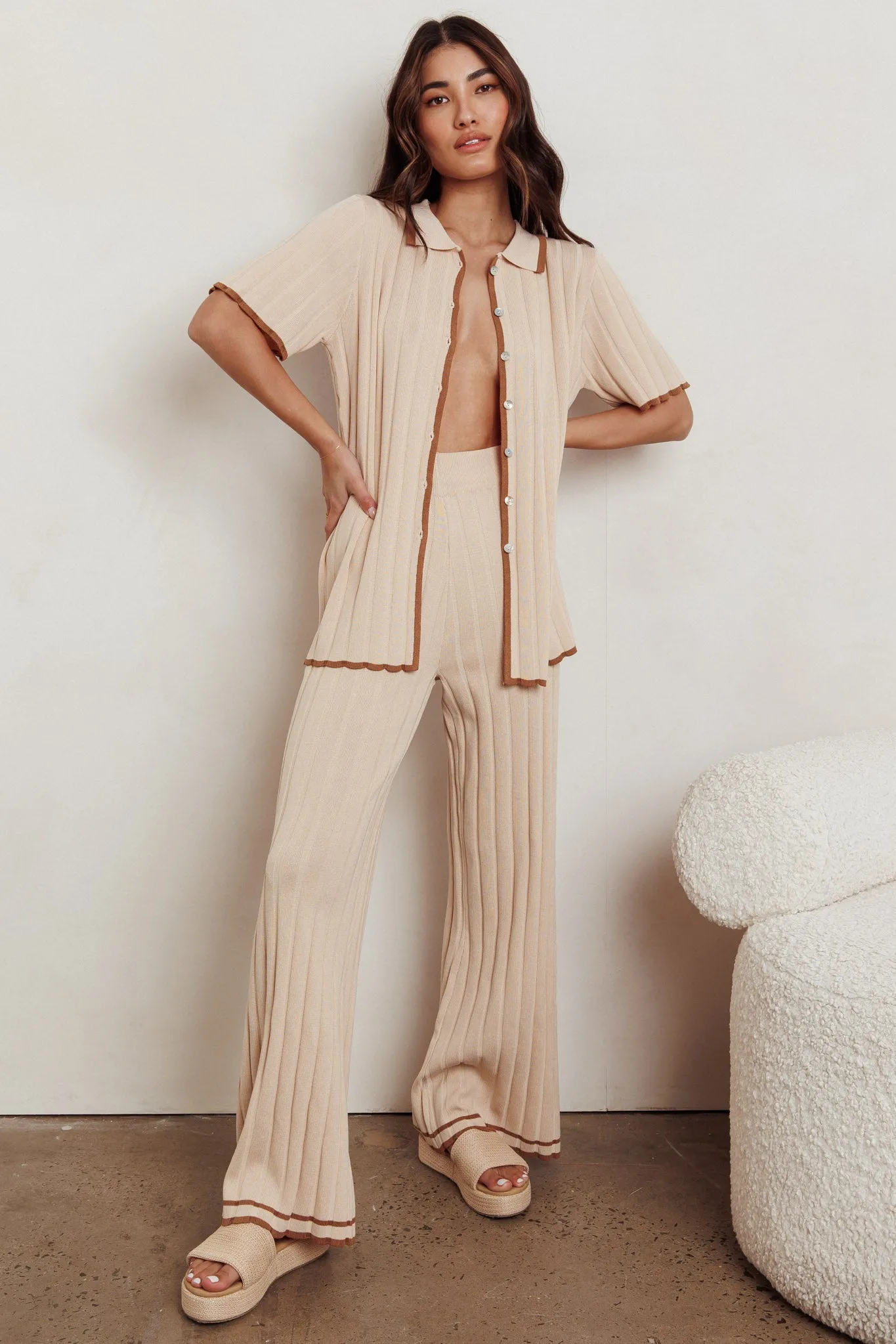 Liloh Contrast Ribbed Wide Leg Pant Beige