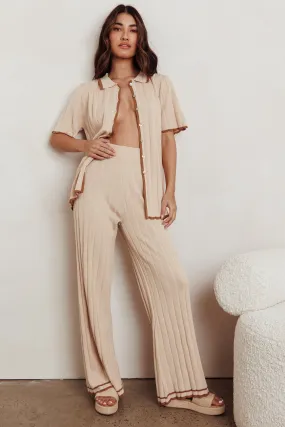 Liloh Contrast Ribbed Wide Leg Pant Beige