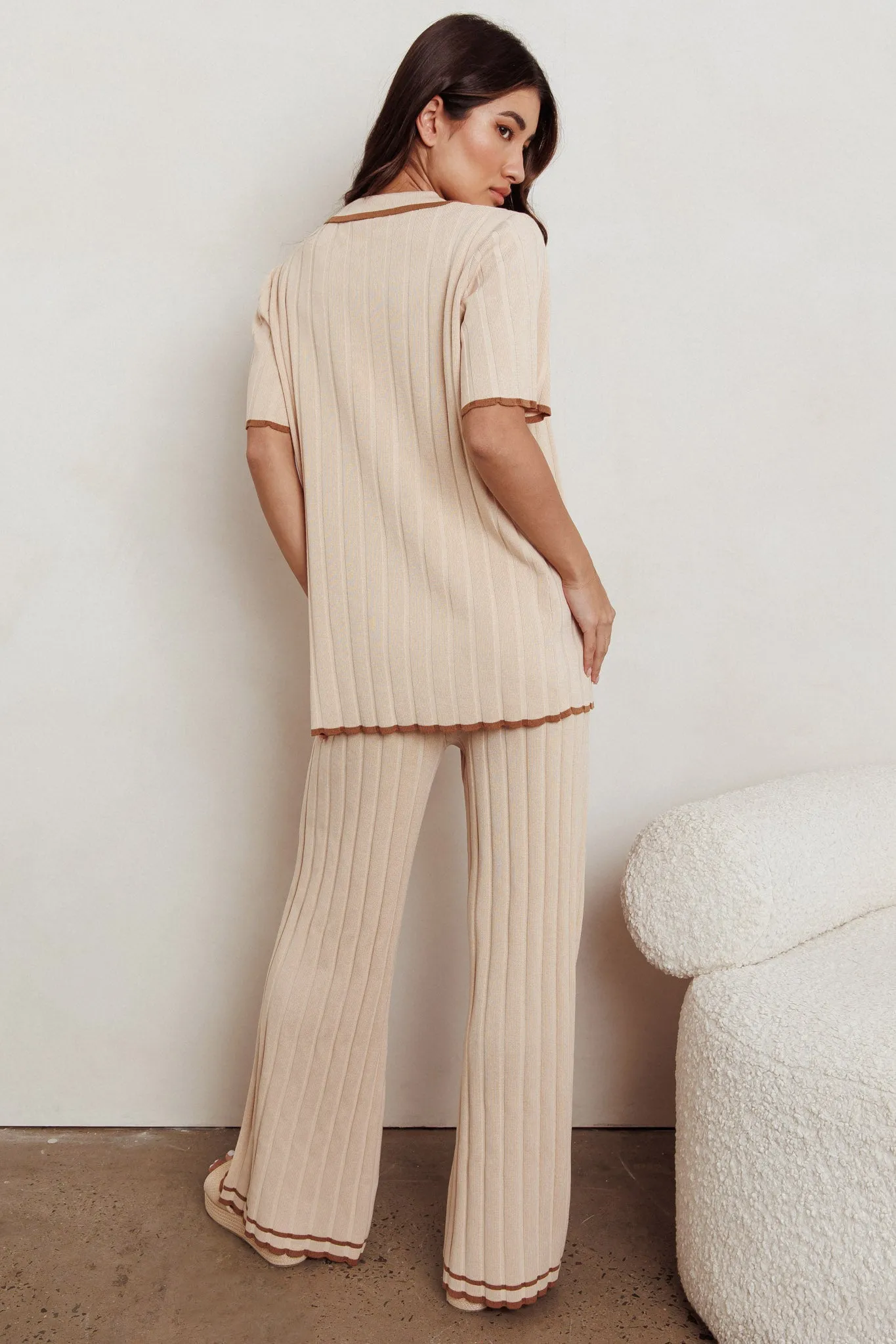 Liloh Contrast Ribbed Wide Leg Pant Beige