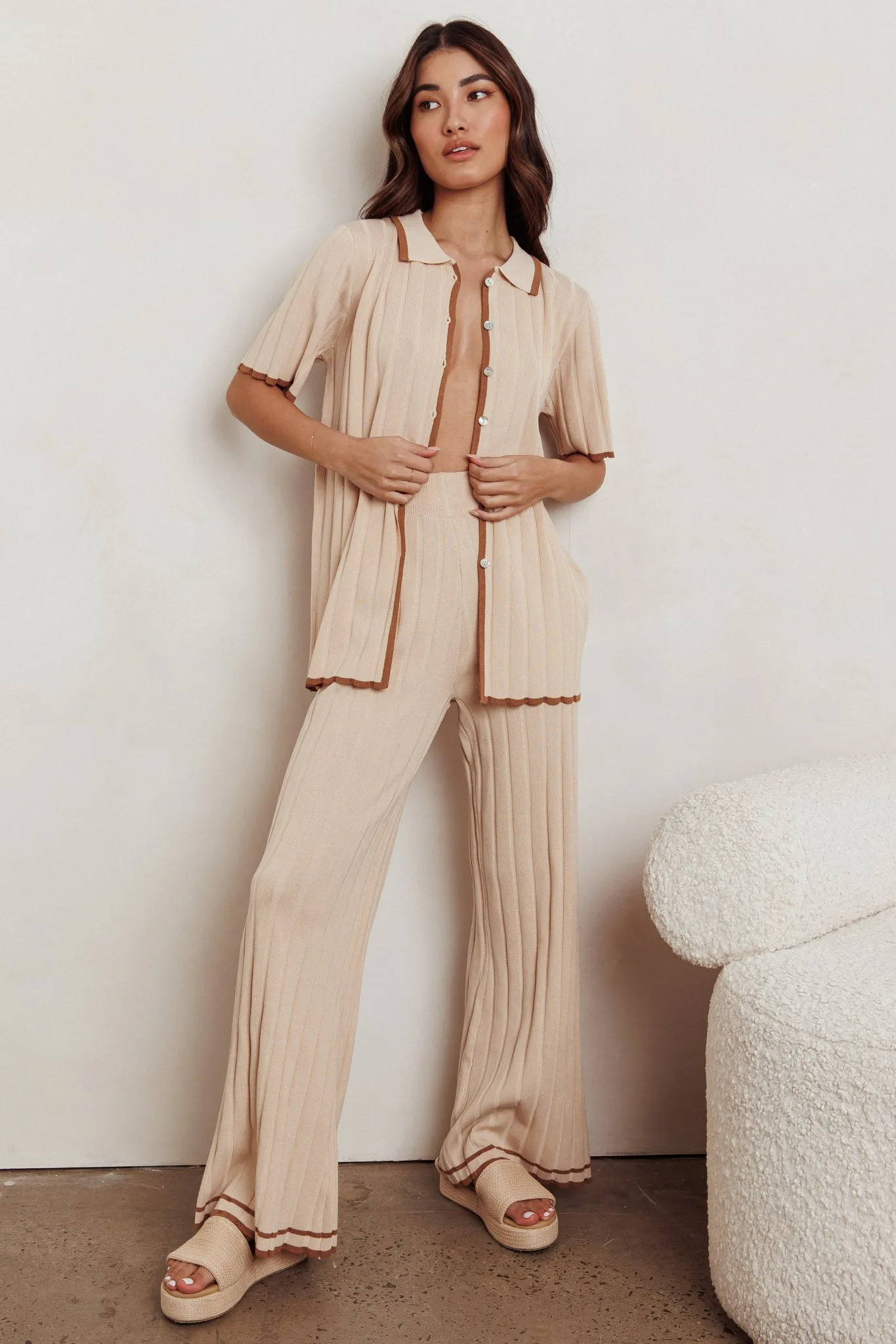 Liloh Contrast Ribbed Wide Leg Pant Beige