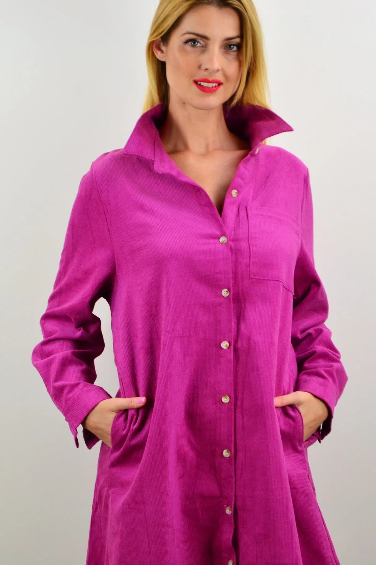 Long Fuchsia Corduroy Tunic Shirt Dress