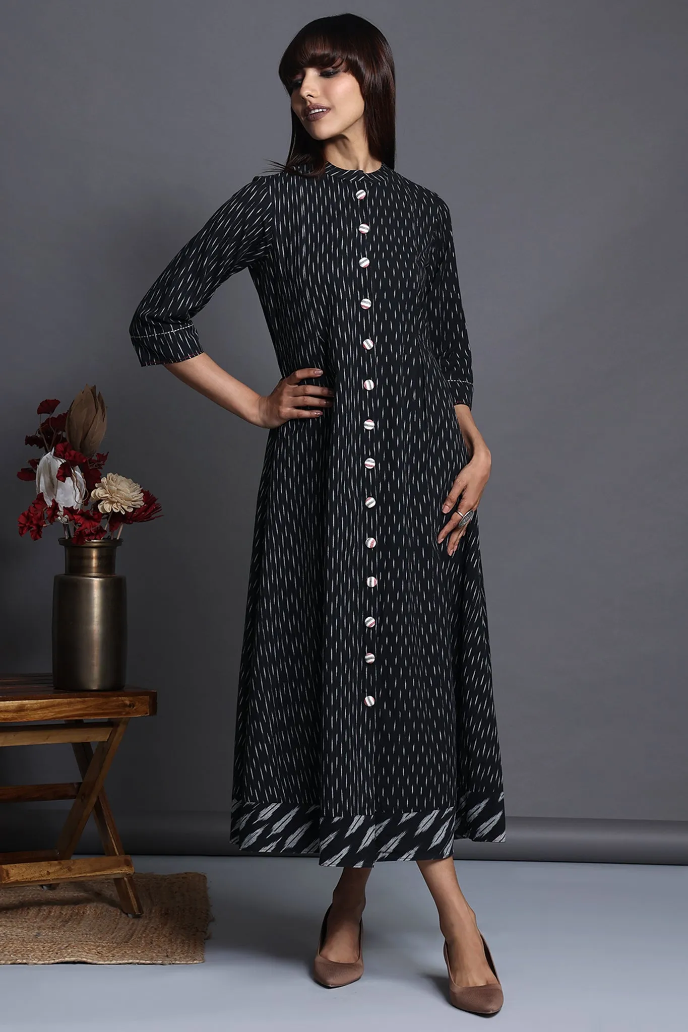 mandarin collar long button down maxi dress - ink - drenched starry night