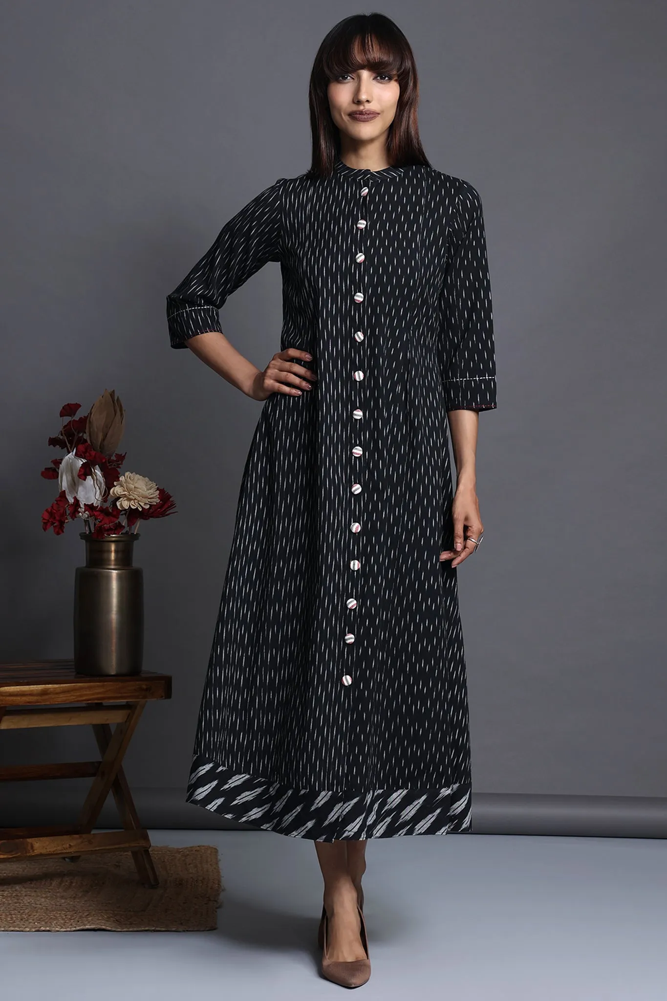 mandarin collar long button down maxi dress - ink - drenched starry night