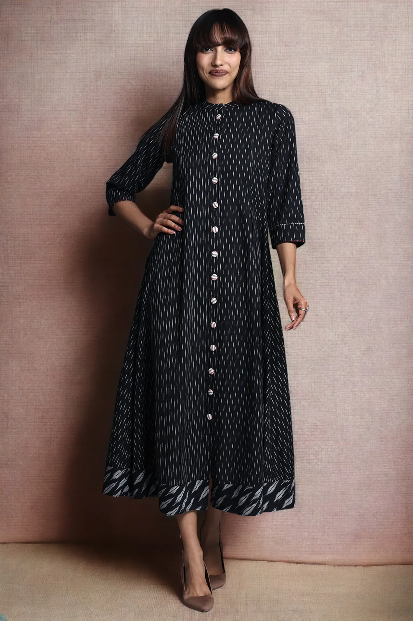 mandarin collar long button down maxi dress - ink - drenched starry night