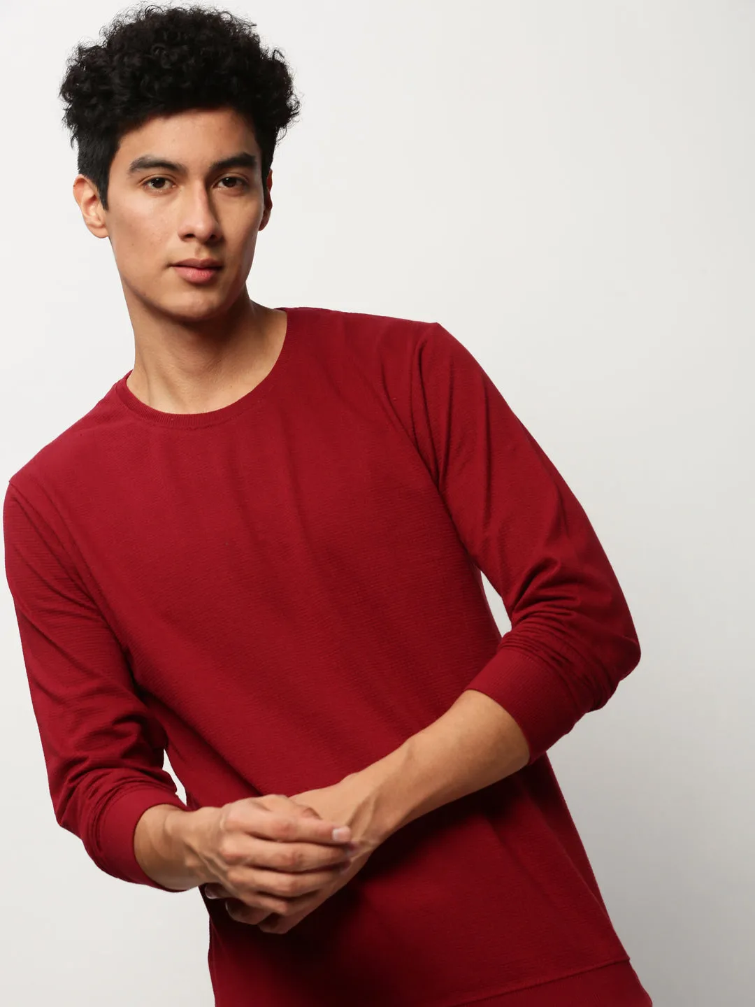 Men Maroon Solid Casual Sweatshirts