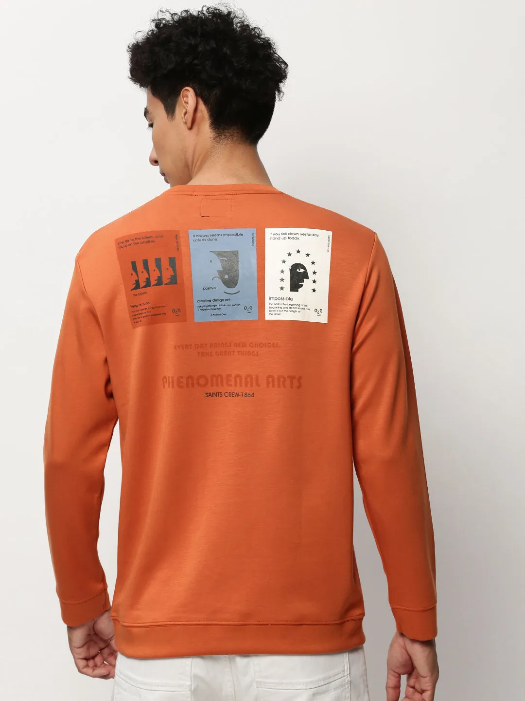 Men Orange Graphics Casual Sweatshirts