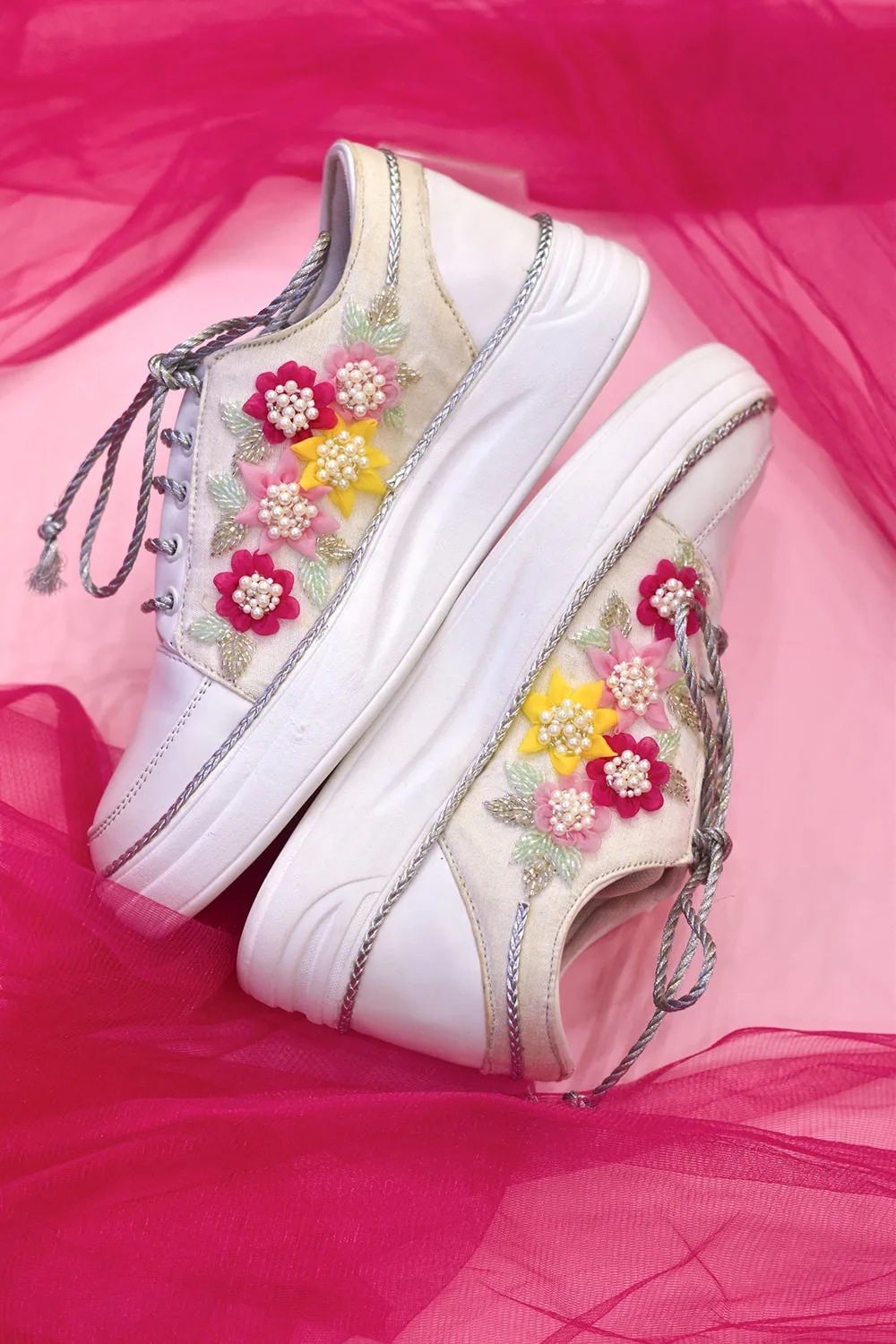 Multi-Colored Poly Silk & Rexine Embroidered Sneakers