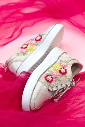 Multi-Colored Poly Silk & Rexine Embroidered Sneakers