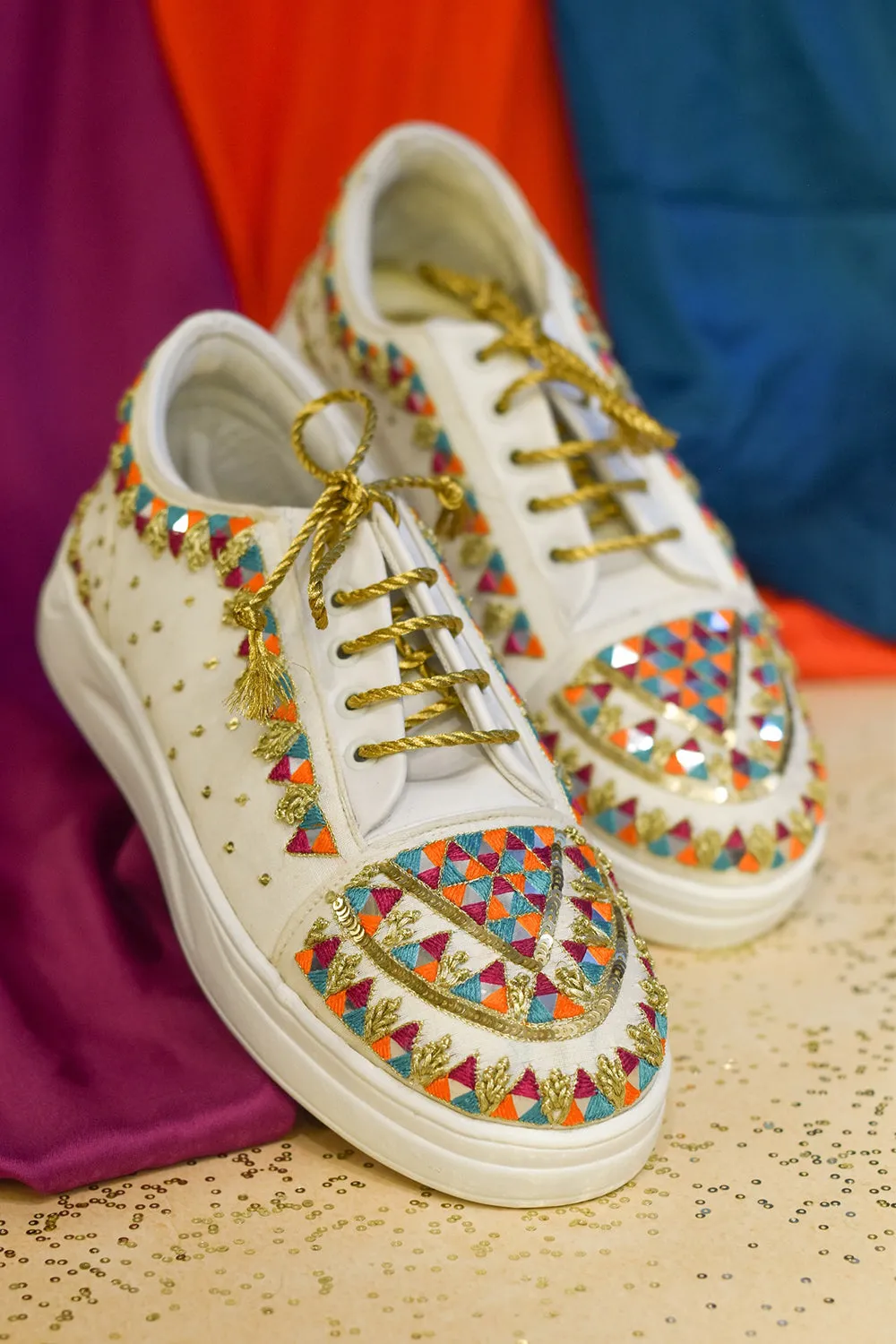 Multi-Colored Poly Silk & Rexine Hand Embroidered Sneakers