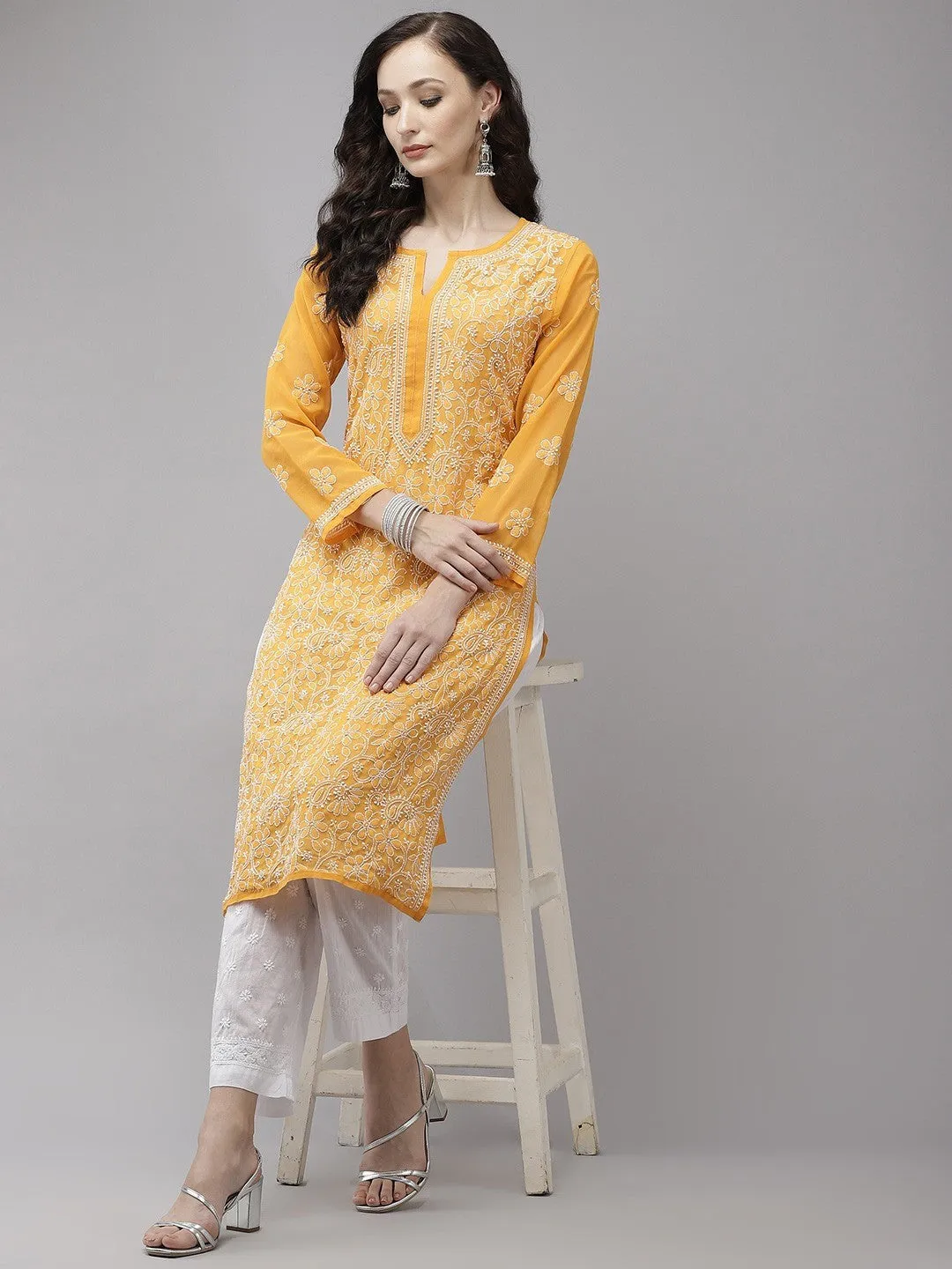 Mustard Chikan Kurta with White Palazzos