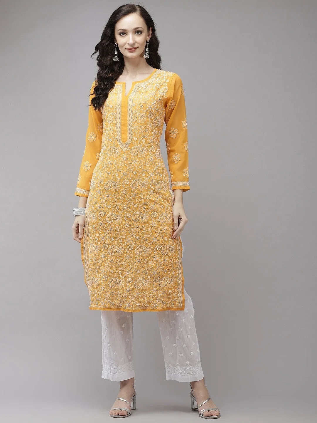 Mustard Chikan Kurta with White Palazzos