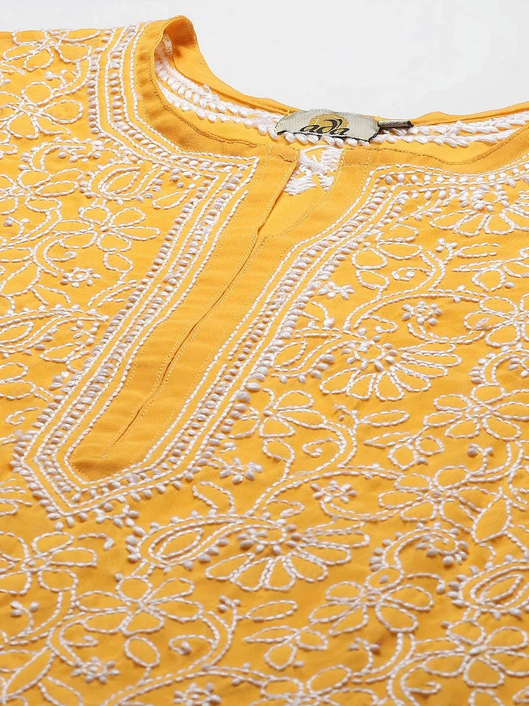 Mustard Chikan Kurta with White Palazzos