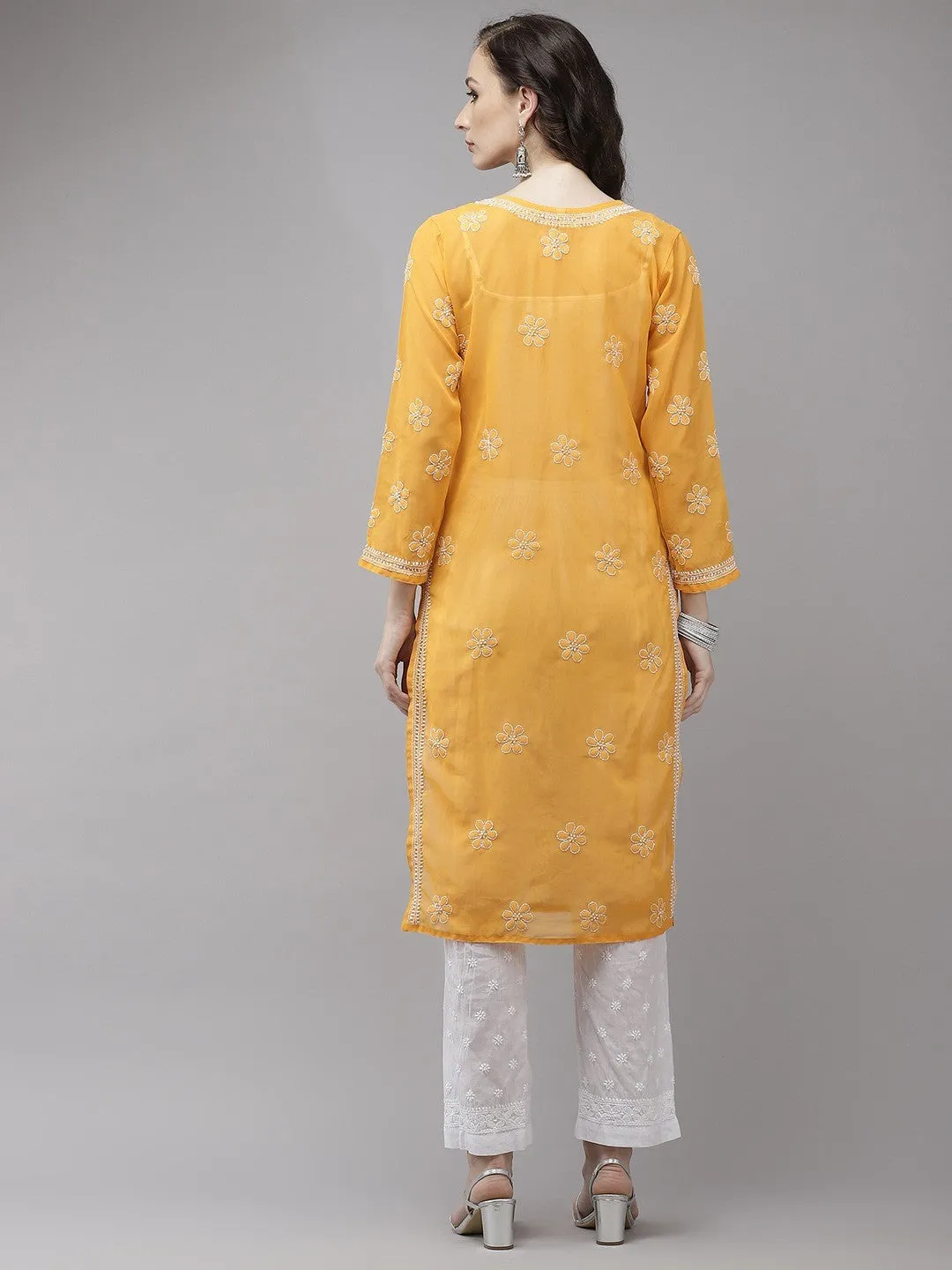 Mustard Chikan Kurta with White Palazzos