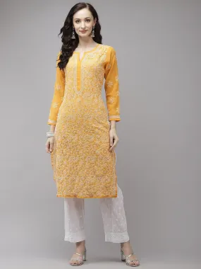 Mustard Chikan Kurta with White Palazzos