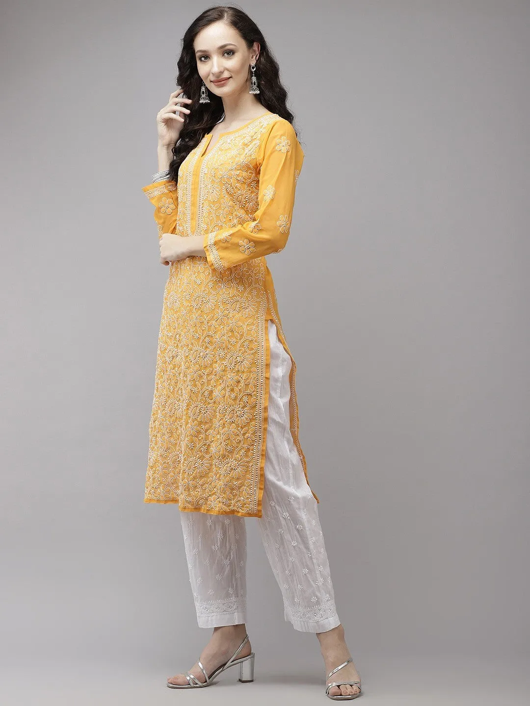 Mustard Chikan Kurta with White Palazzos