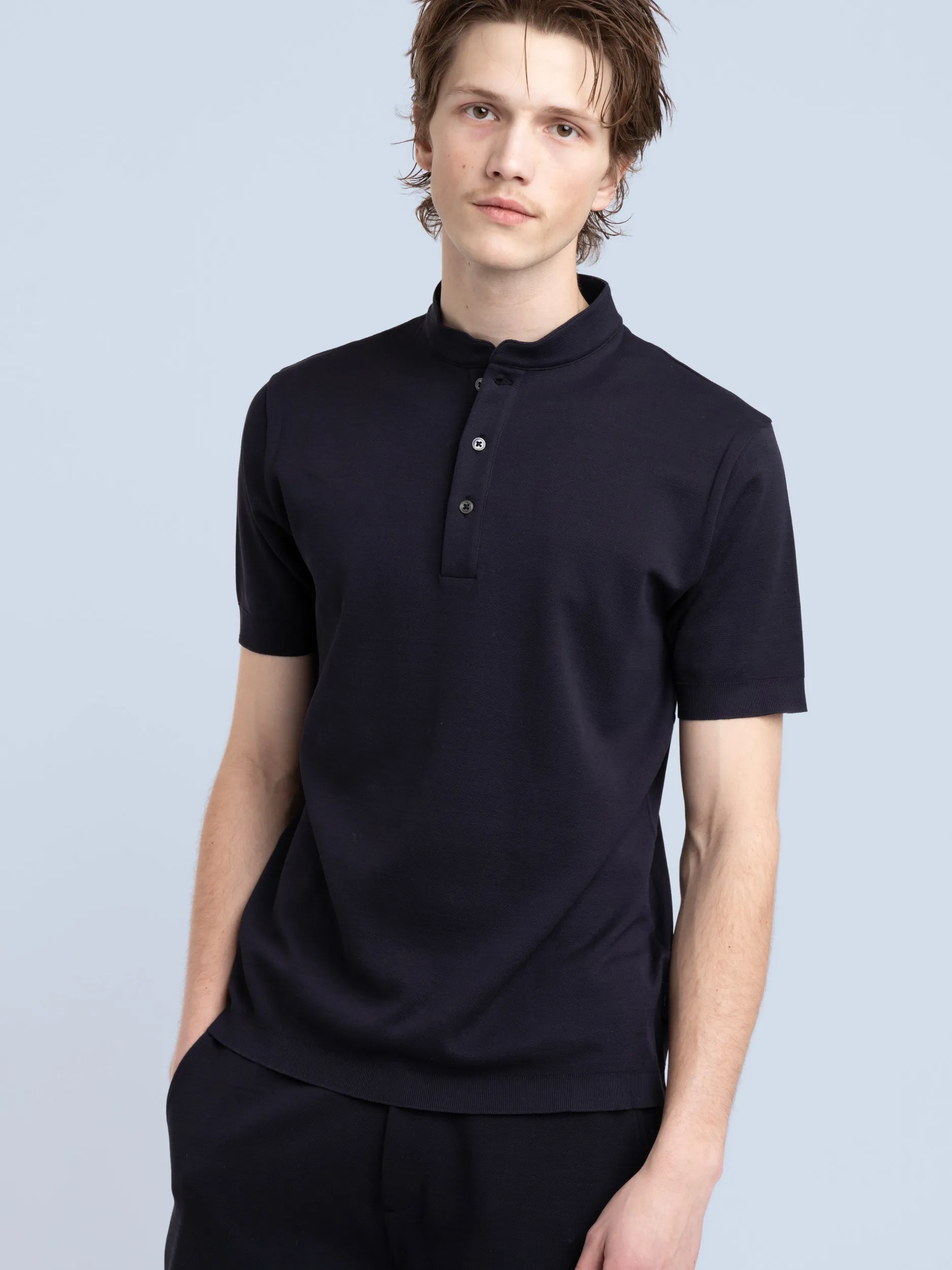 Navy Band Collar Polo Shirt