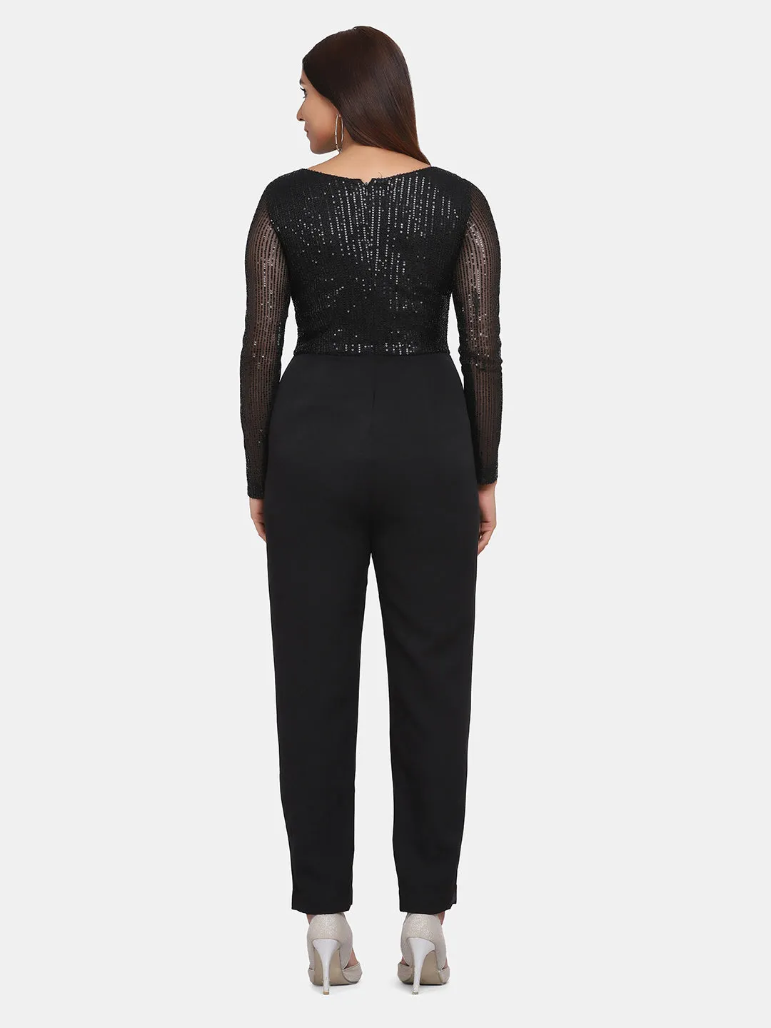 Office Party Sequin Stretch Jumpsuit for Women - Black