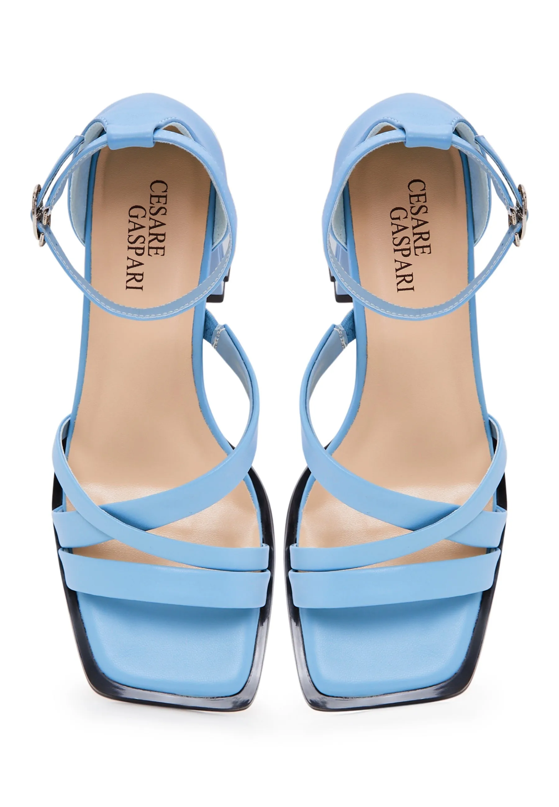 Open Toe Leather Block Heel Sandals - Blue