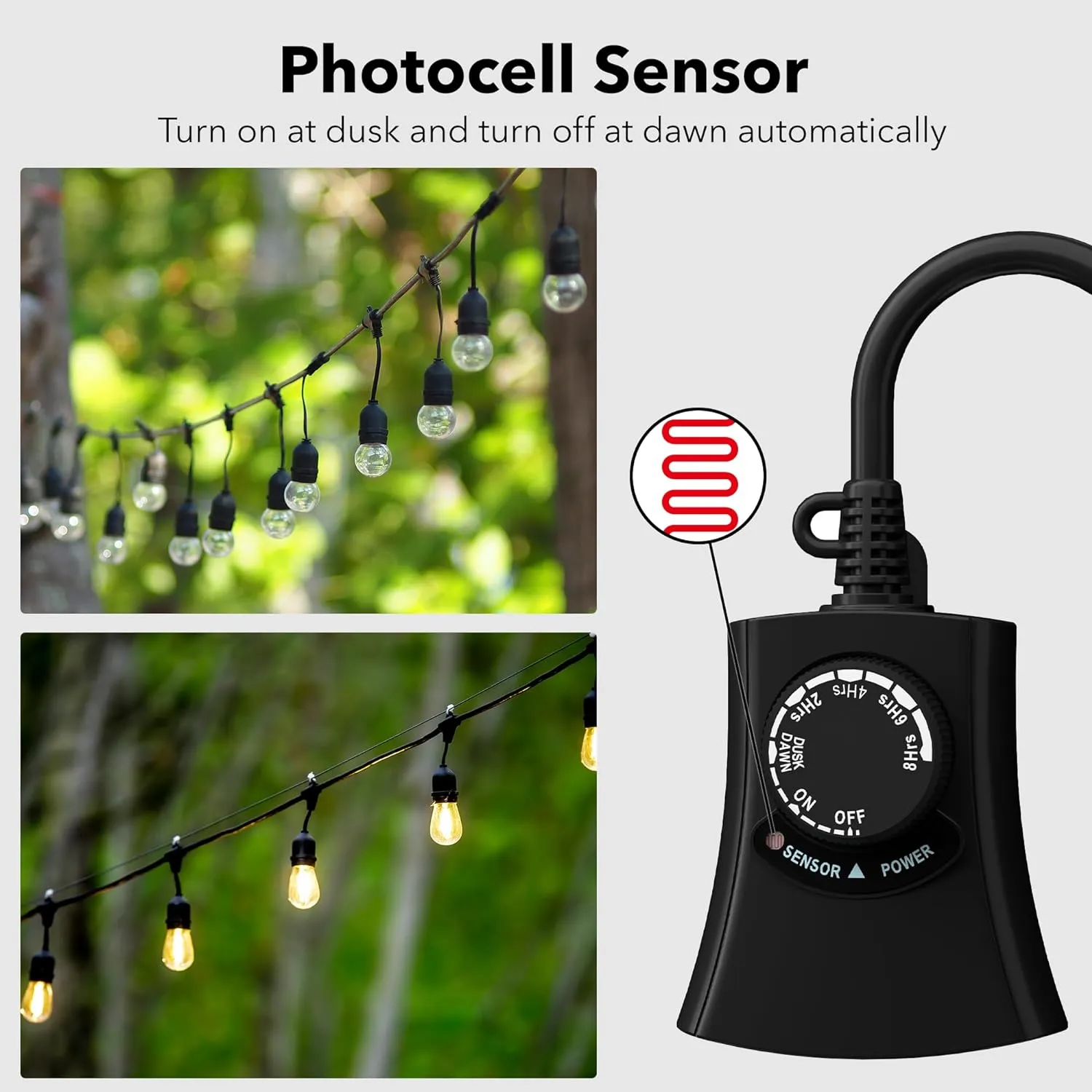 Outdoor Photocell Light Timer Waterproof Dusk to Dawn Sensor 3 Timer Outlet 2/4/6/8 Countdown HBN