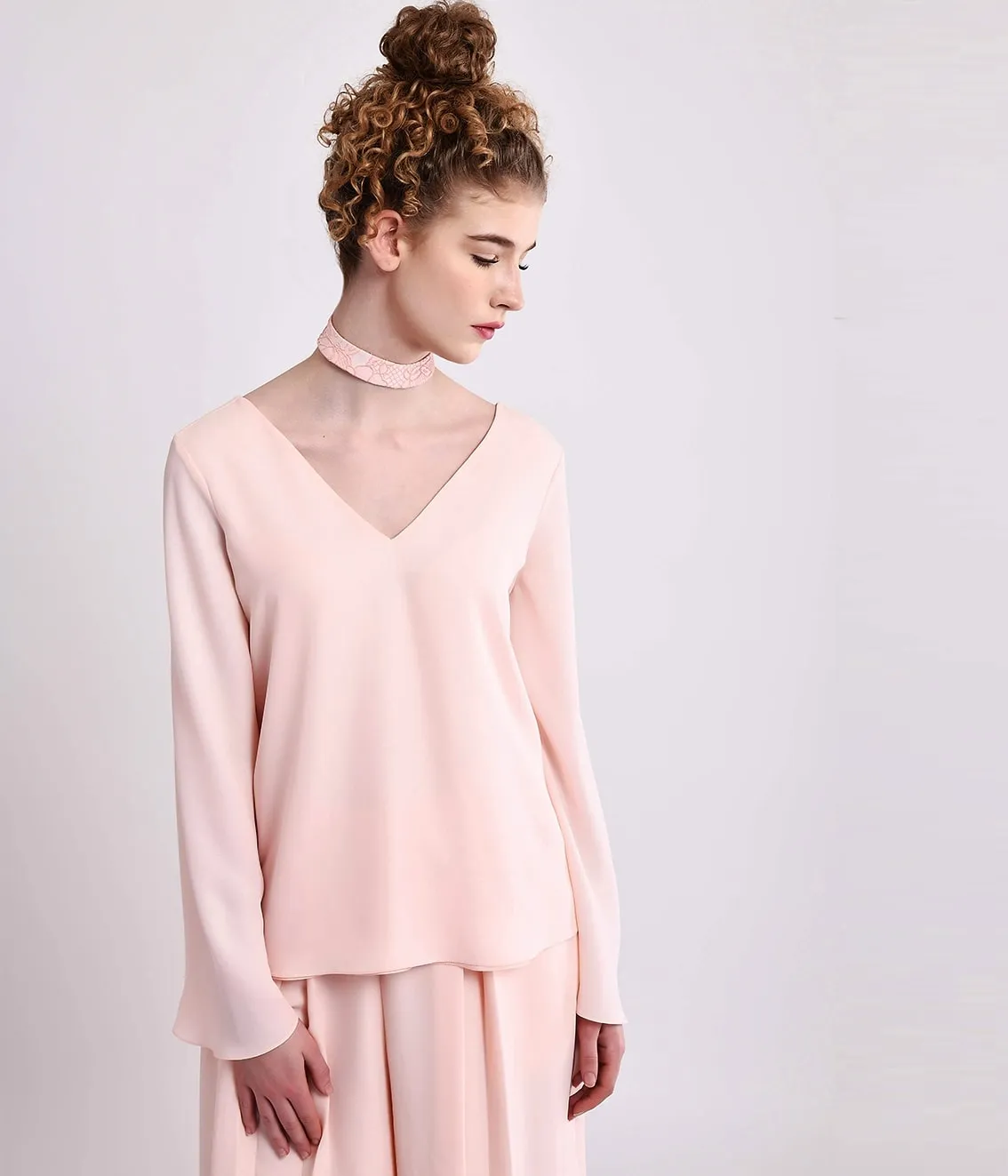 Pale Pink Comfort Chic V-neck Top With Bell Sleeves