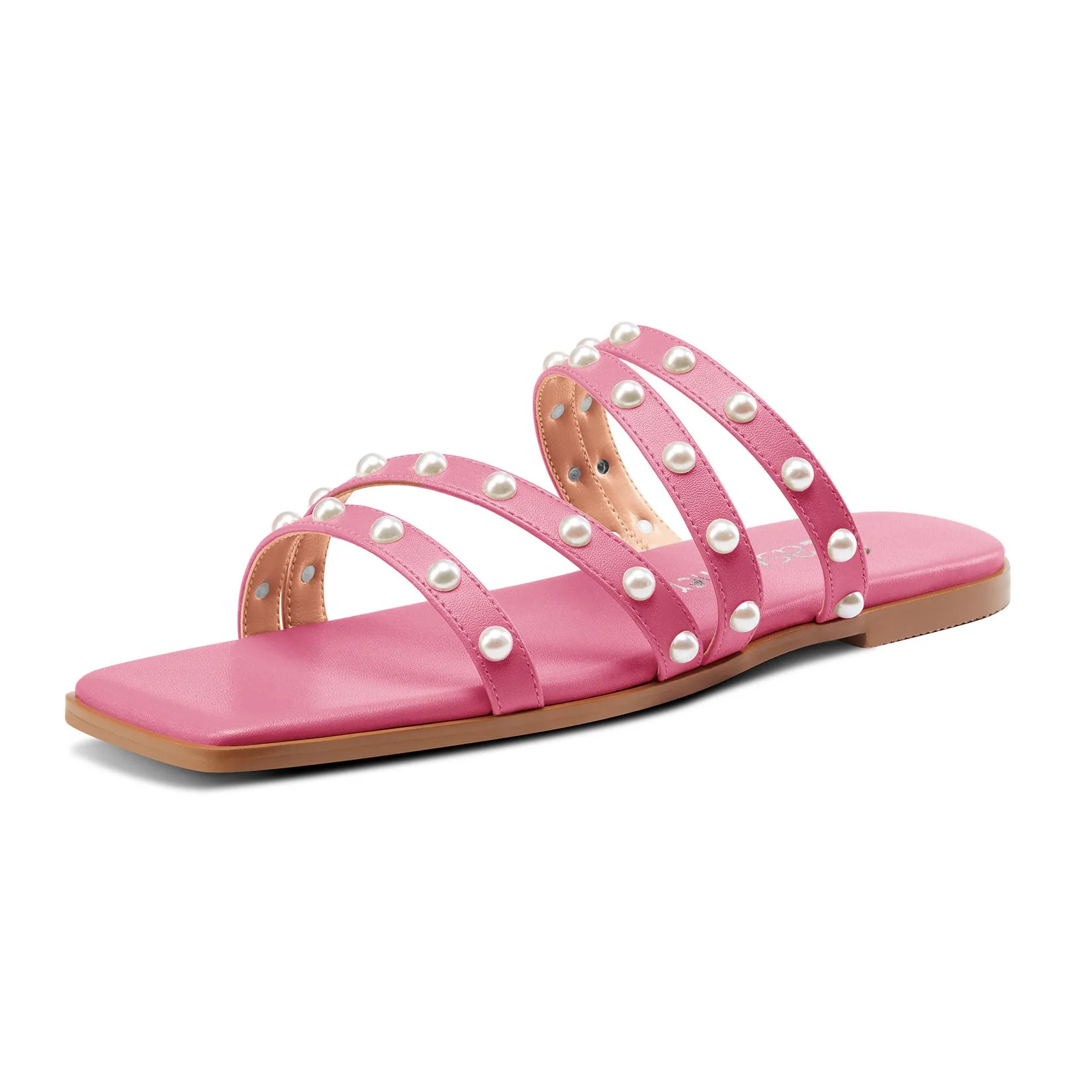 Pearl Strappy Flat Sandals Square-Toe Classic Sexy Shoes Slip-on Flat-Shoes