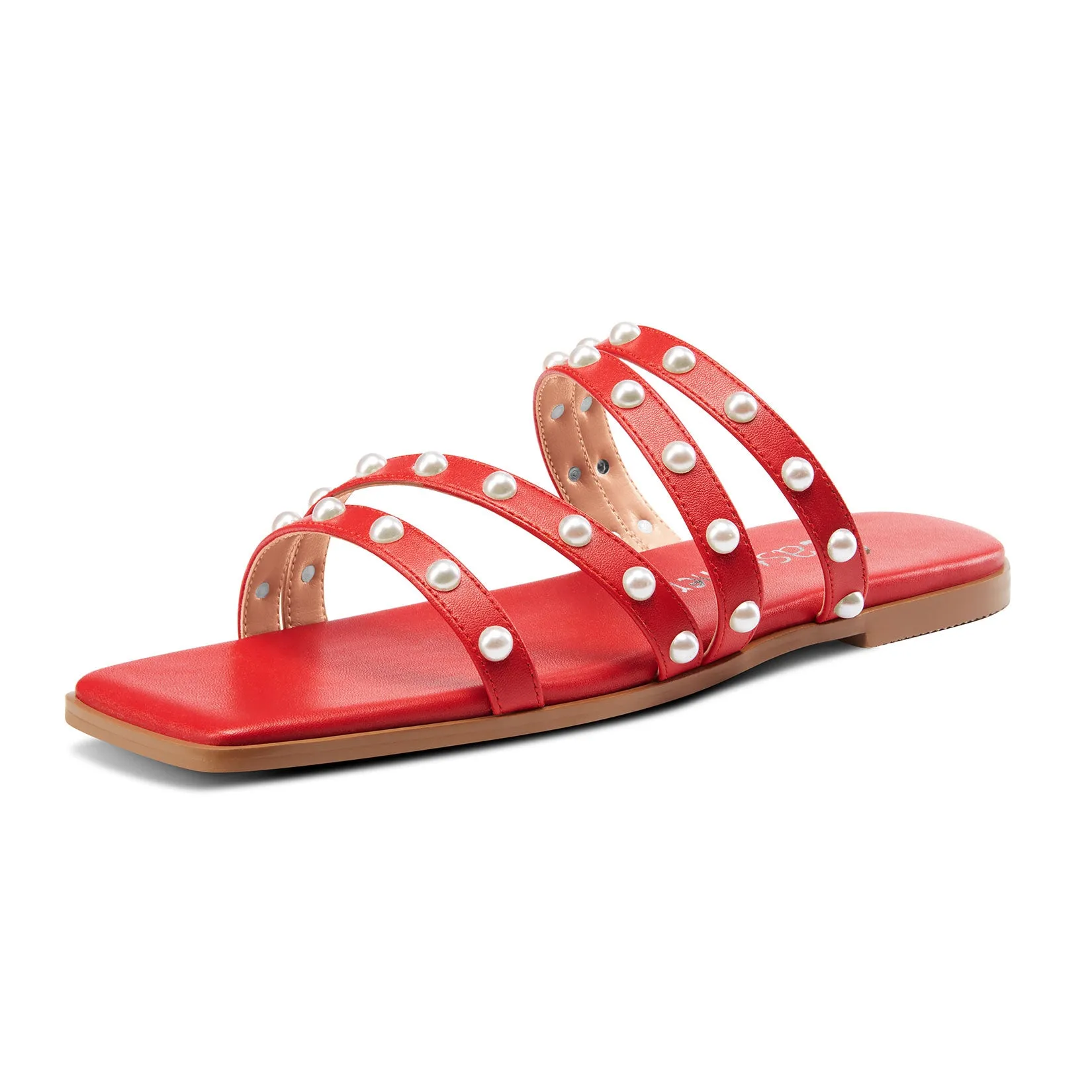 Pearl Strappy Flat Sandals Square-Toe Classic Sexy Shoes Slip-on Flat-Shoes