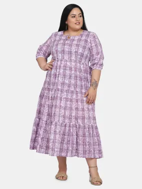 Print Tiered Long Cotton Dress - Purple