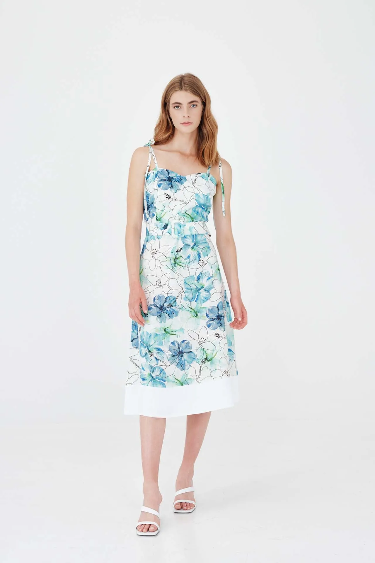 Printed Linen Midi Dress With Adjustable Straps